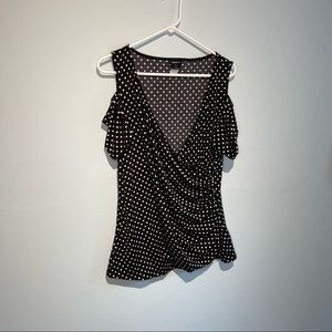 Torrid Polka Dot Cold Shoulder Shirred Sides Wrap Style Black white.